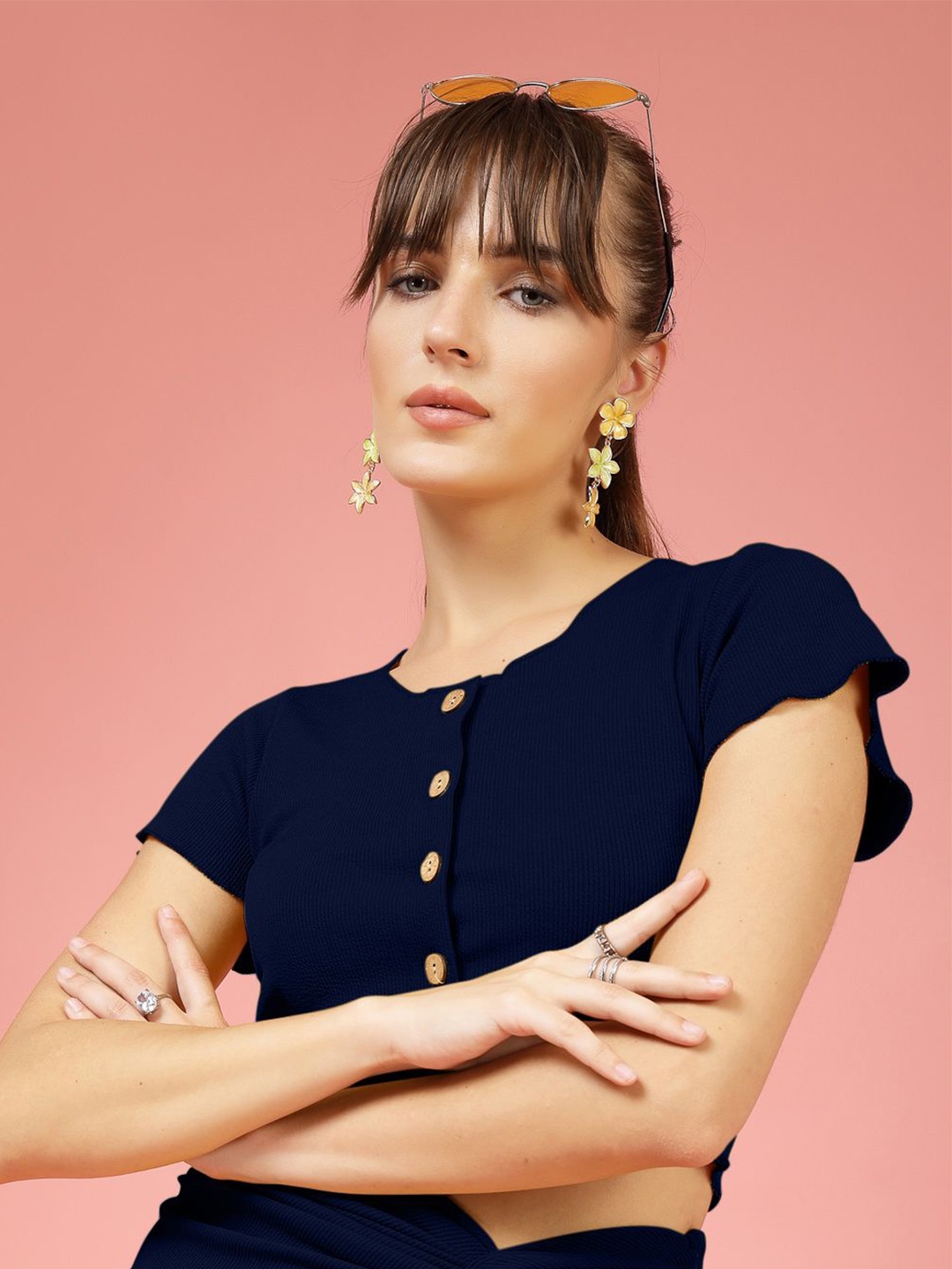 

DressBerry Solid Fitted Cap Sleeve Crop Top, Blue
