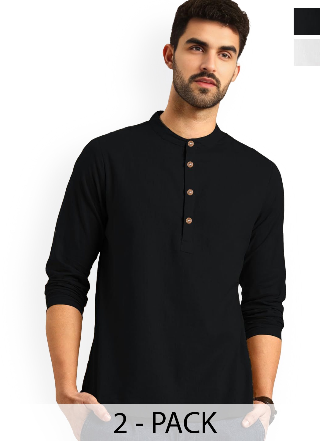 

Vida Loca Selection Of 2 Band Collar Cotton Straight Kurtas, Black