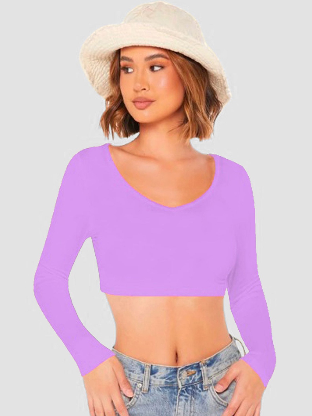 

Dream Beauty Fashion Women Solid V-Neck Fitted Crop Top, Lavender