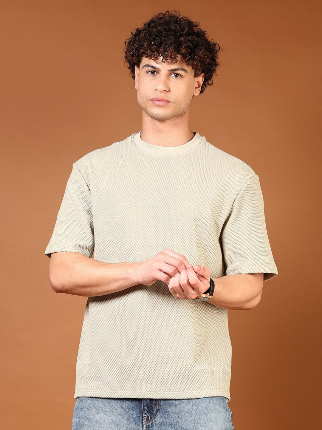 

V-Mart Men Solid Round Neck Cotton Relaxed Fit T-shirt, Beige