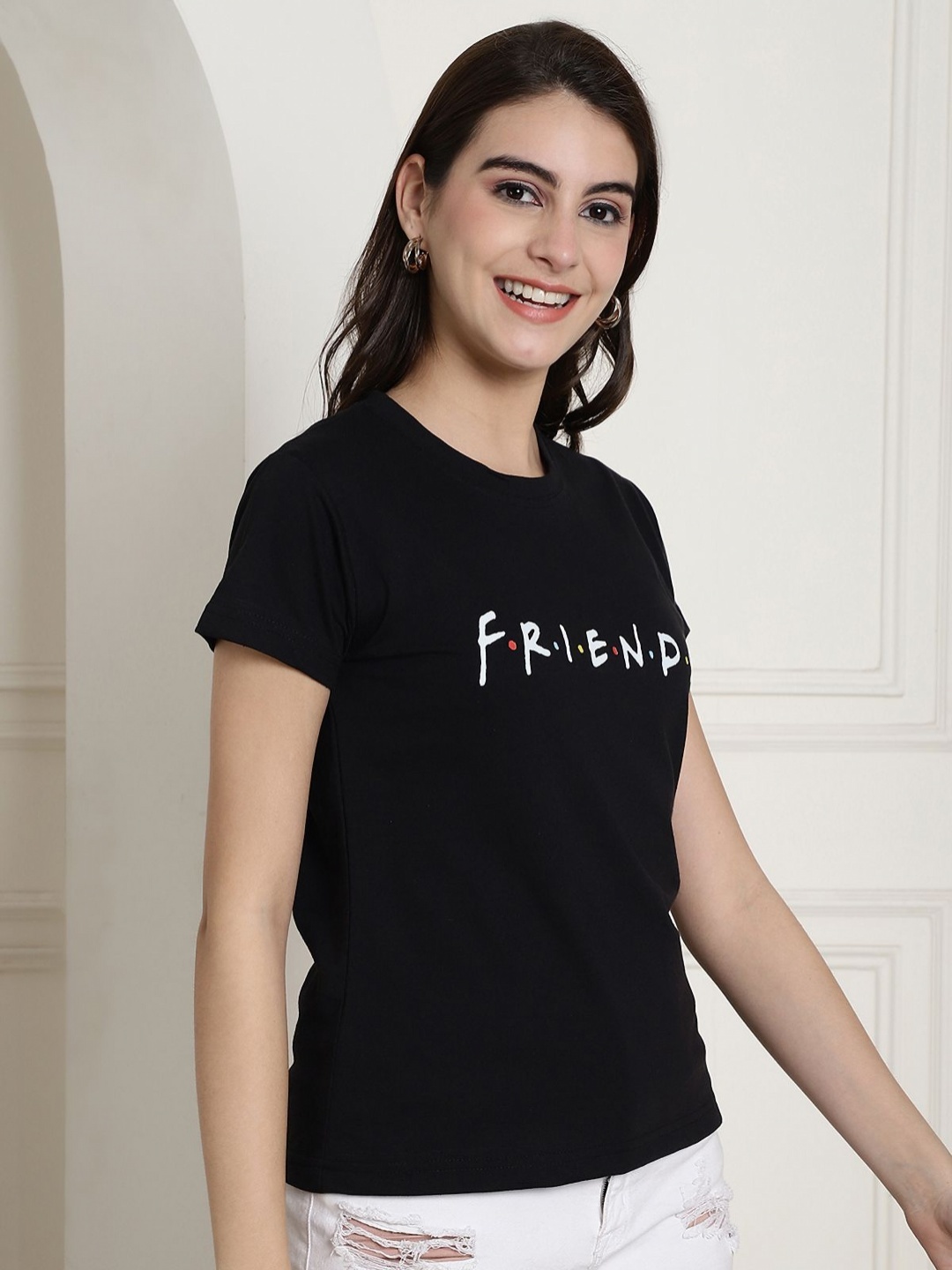 

Dreambe Women Typography Printed Round Neck Regular Fit Cotton T-shirt, Black