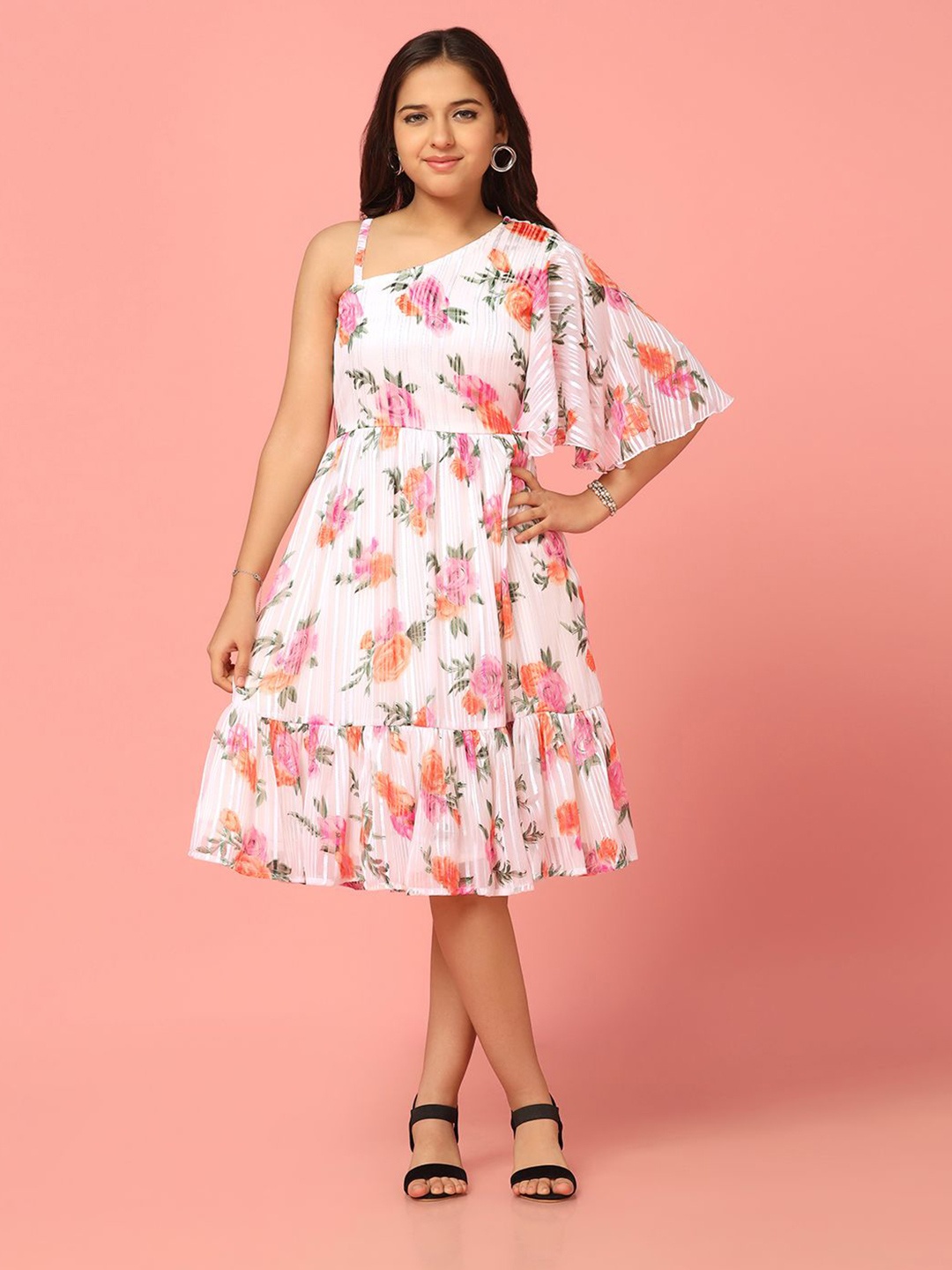 

YK Girls Floral Print One Shoulder Georgette Fit & Flare Dress, White