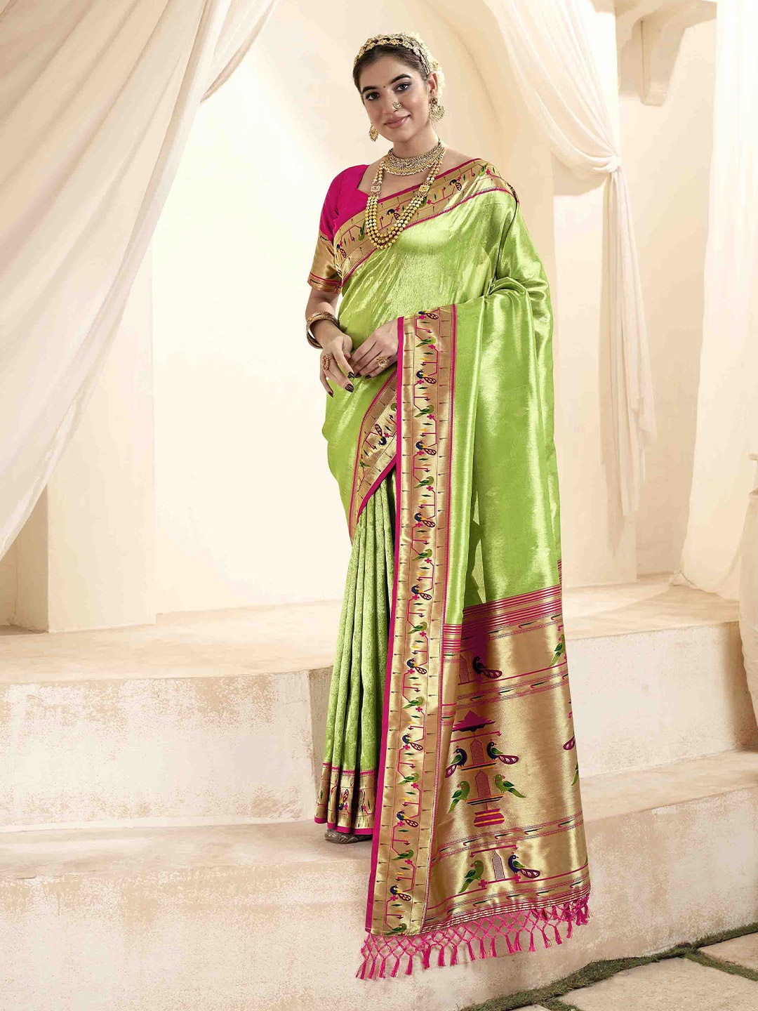 

Mitera Ethnic Motifs Woven Design Zari Paithani Saree, Green