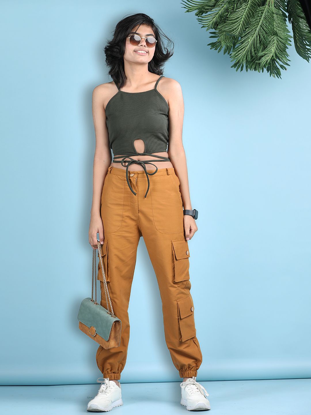 

Cutiekins Girls Shoulder Straps Crop Top With Joggers, Olive