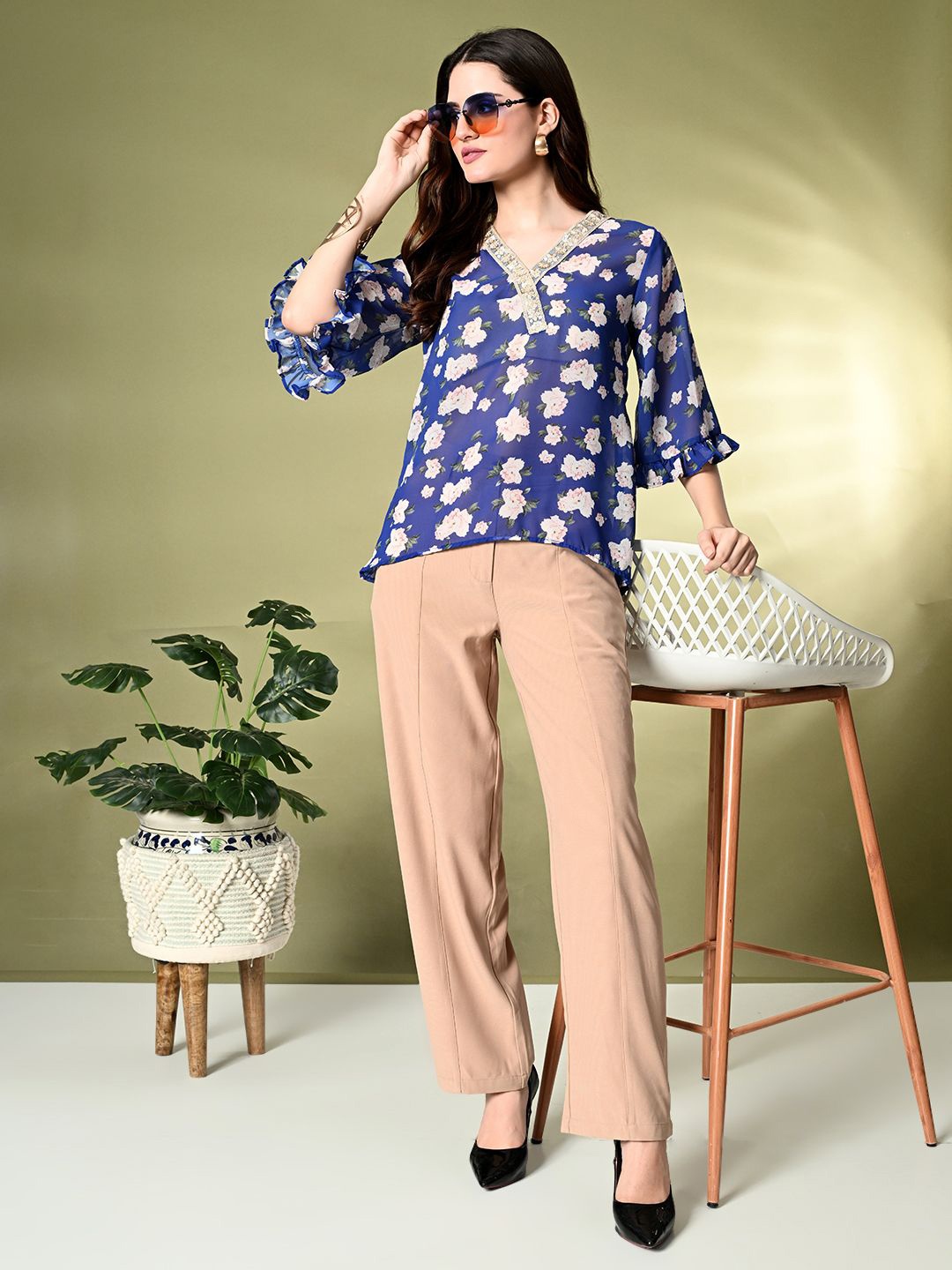 

KALINI Women Floral Print V-Neck Puff Sleeve Regular Top, Blue