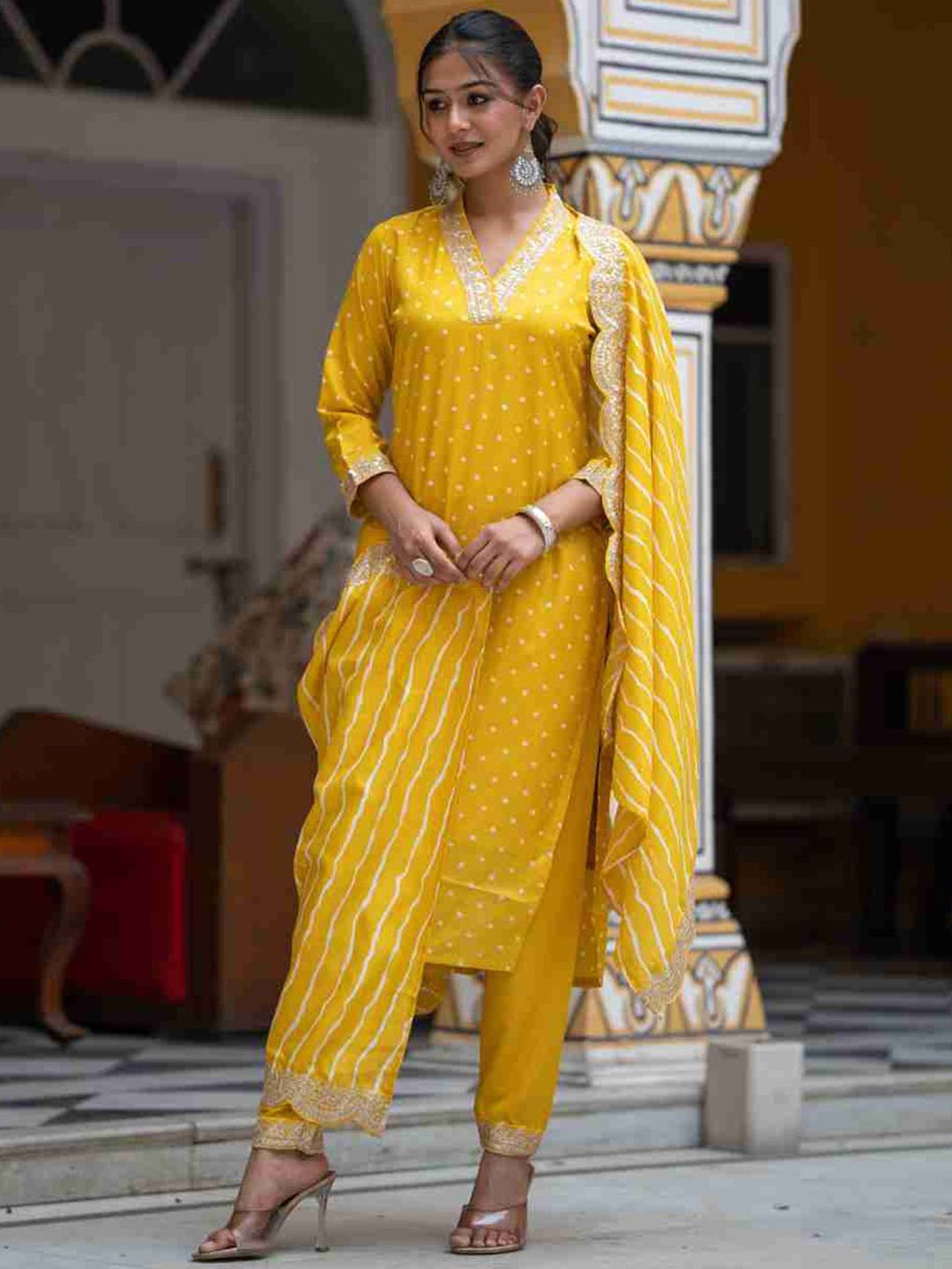 

Bought First Embroidered V-Neck Straight Thread Work Kurta With Pyjamas And Dupatta, Yellow