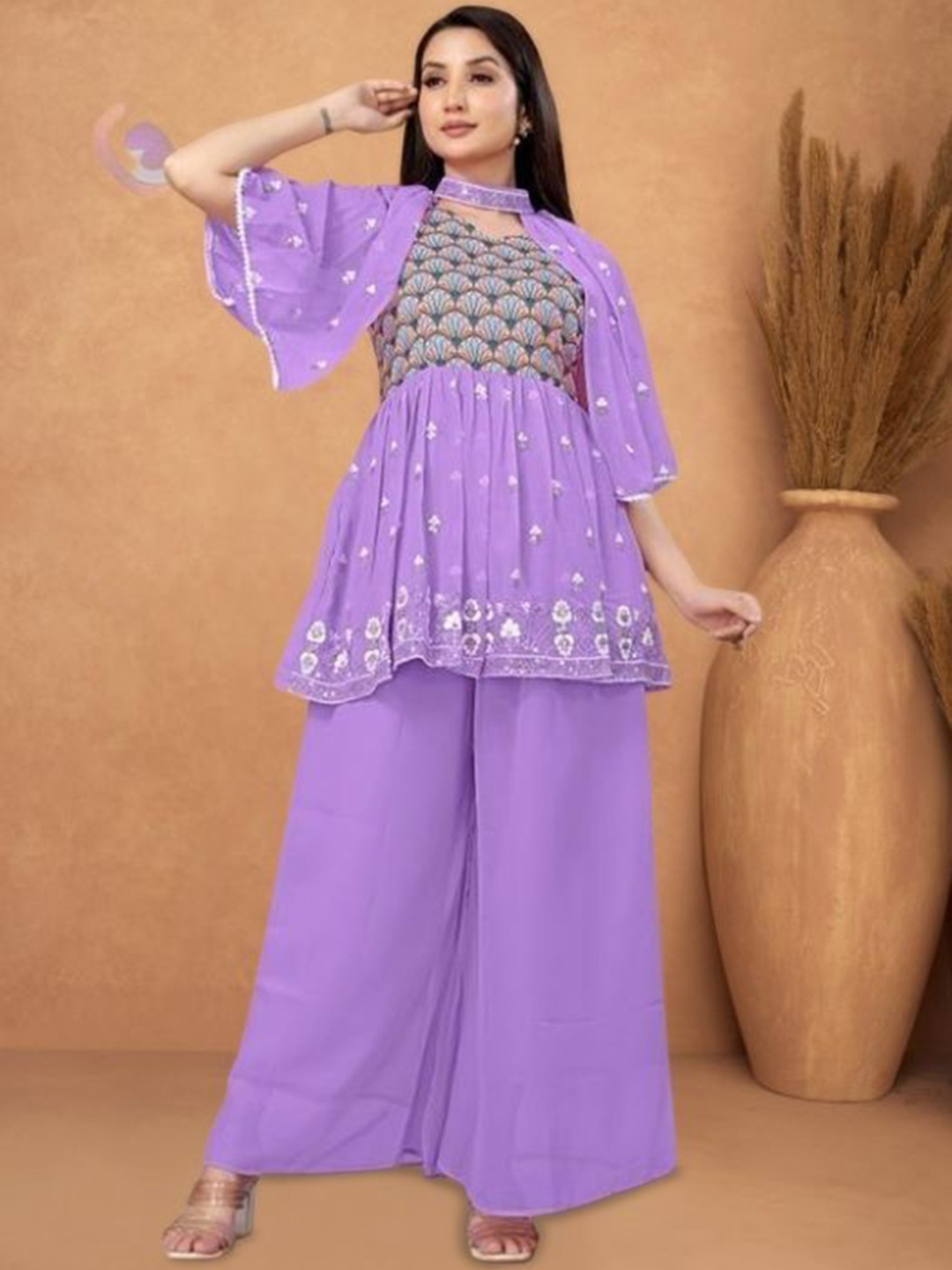 

PARROT CREATION V-Neck Floral Embroidered Sequinned Georgette Kurti With Palazzos & Cape, Lavender