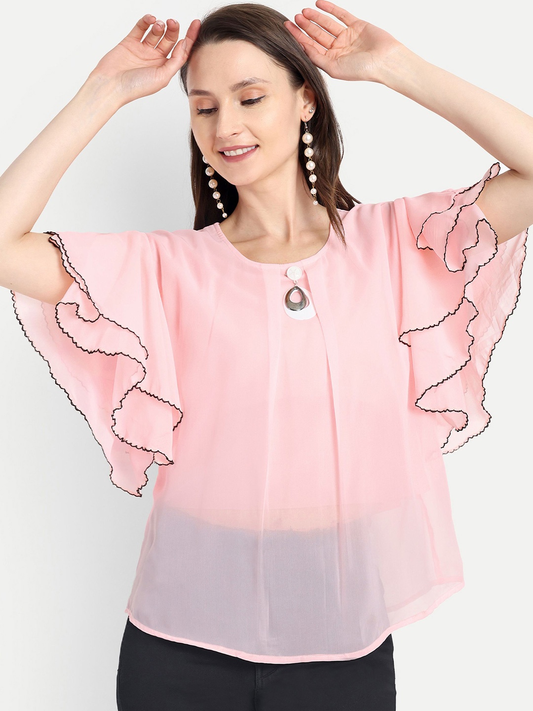 

HAUTEMODA Bell Sleeve Georgette Top, Pink