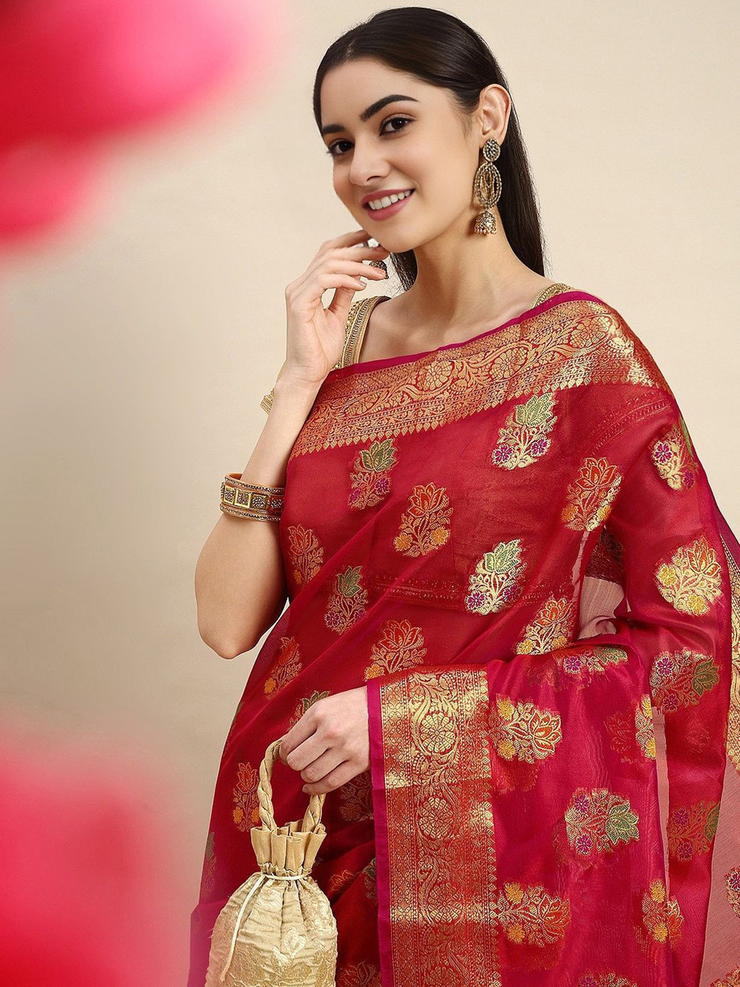 

DIVASTRI Ethnic Motifs Zari Organza Banarasi Saree, Red