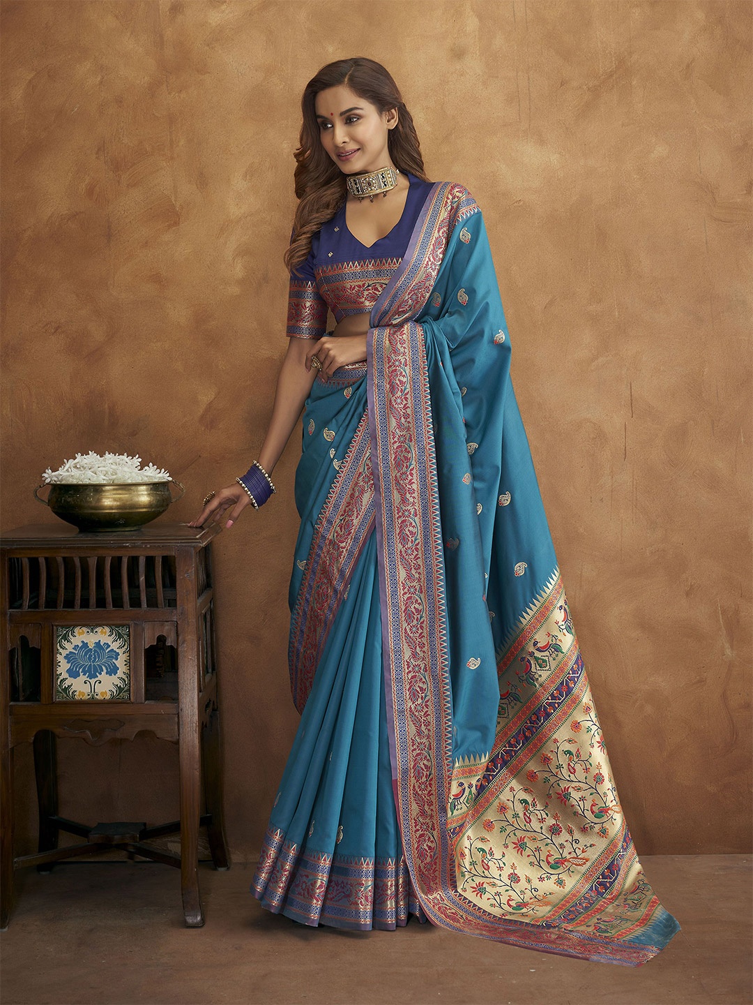 

Mitera Woven Design Zari Paithani Saree, Teal