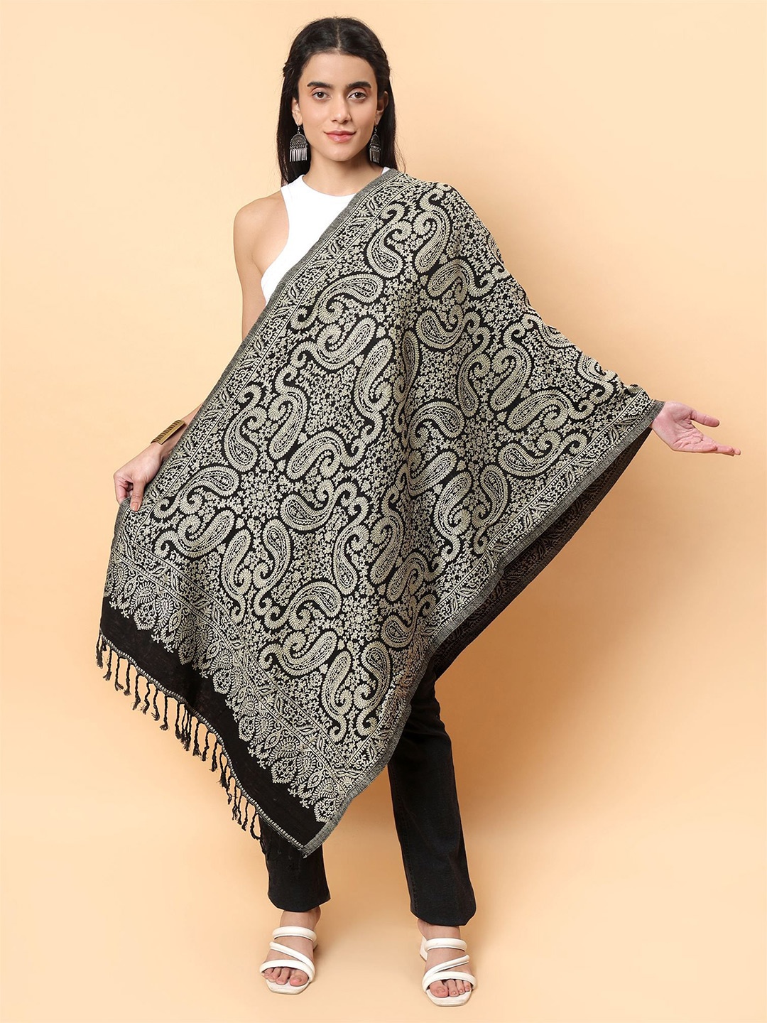 

Moda Chales Women Woven Design Stole, Black