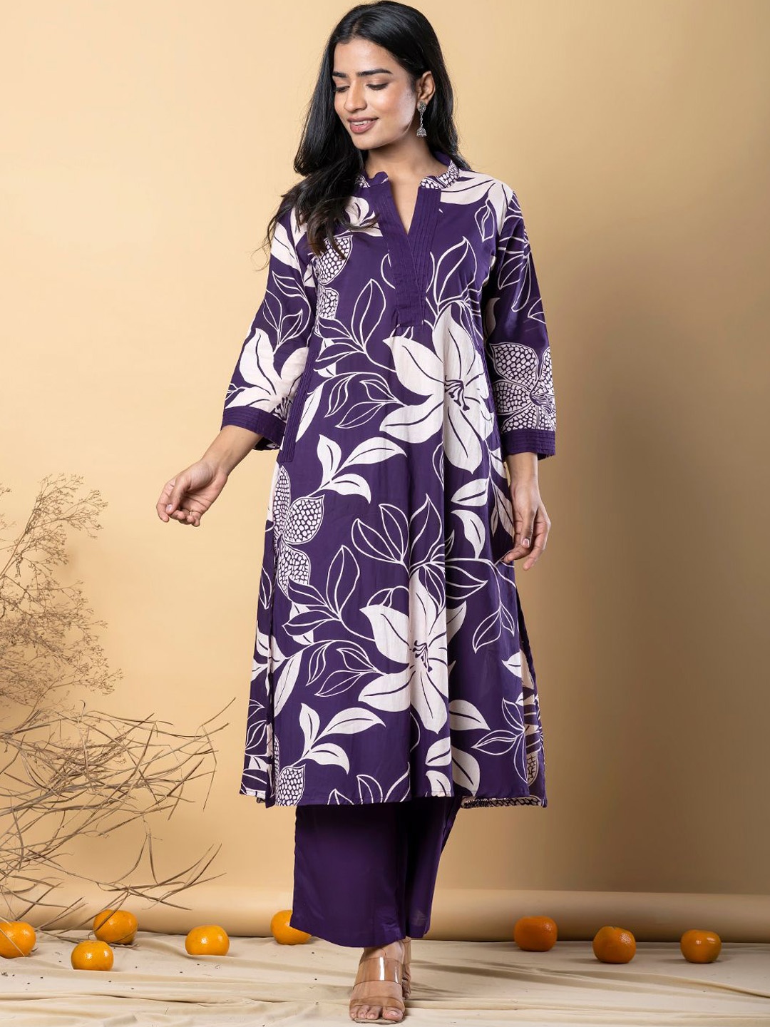 

Readiprint Floral Printed Mandarin Collar Cotton A-Line Kurta With Palazzos, Purple