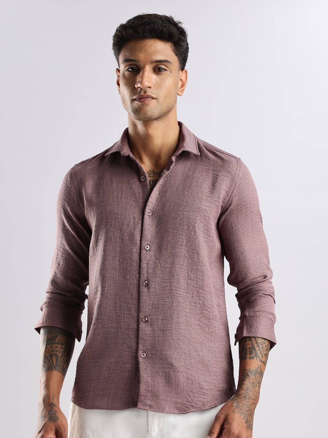 

NEVER NEUD Men Linen Look Regular Slim Fit Casual Shirt, Pink