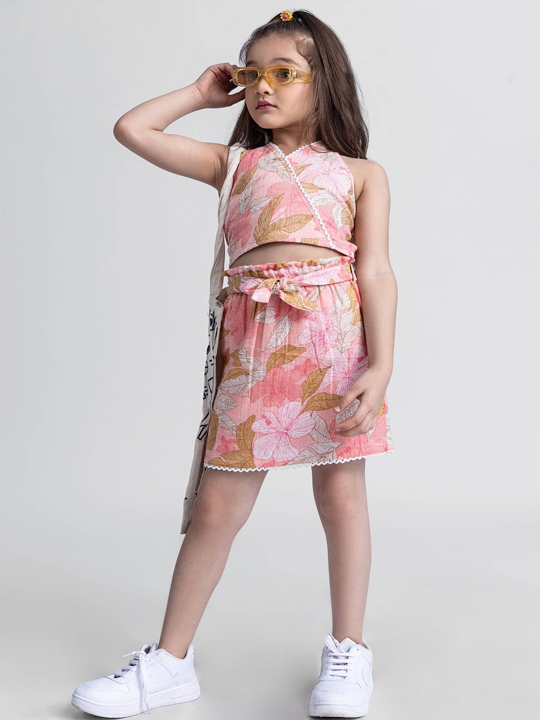 

taffykids Girls Floral Printed Halter Neck Sleeveless Pure Cotton Top With Skirt, Peach