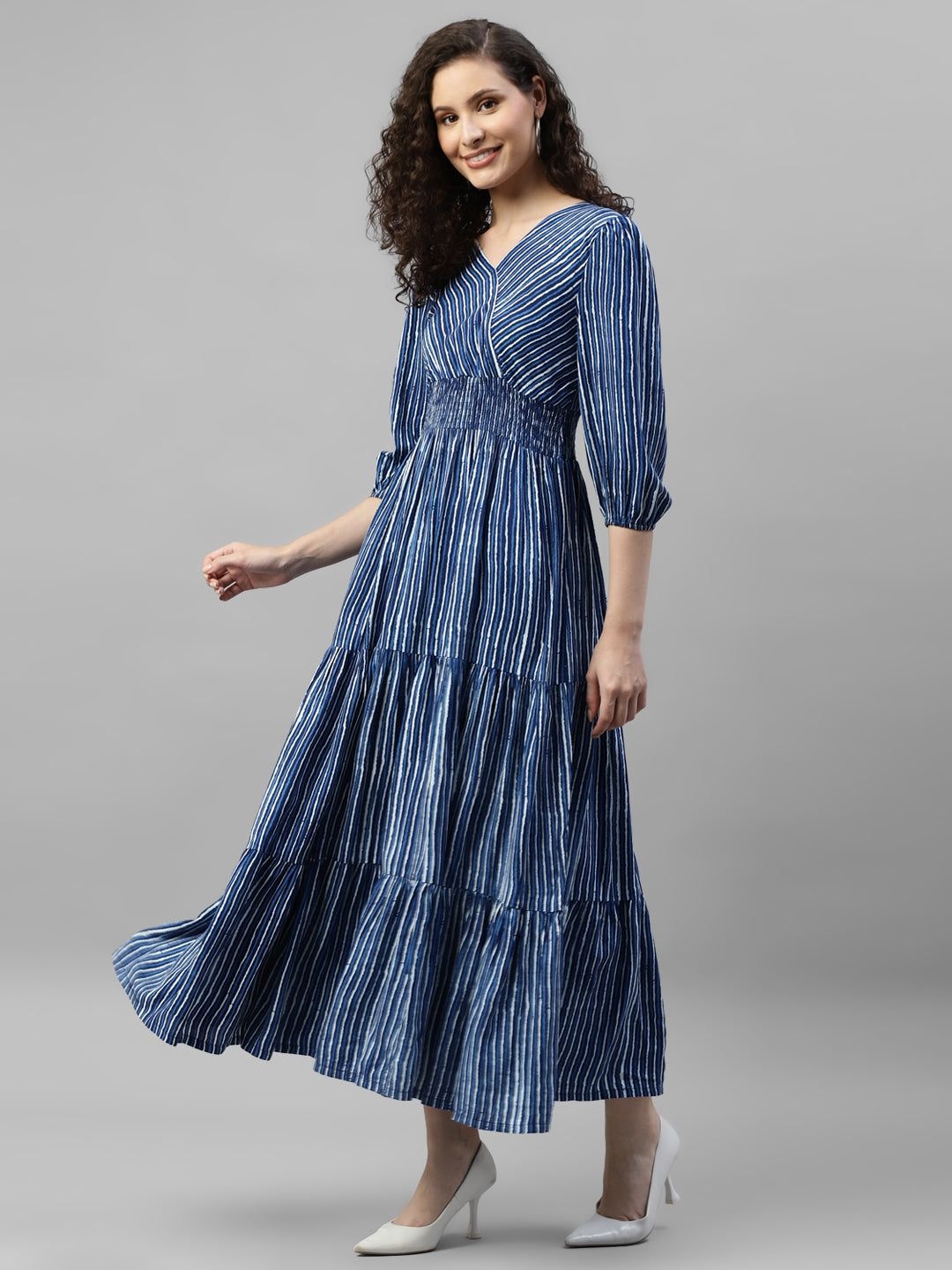 

Jash Creation Striped Puff Sleeve Fit & Flare Maxi Dress, Blue