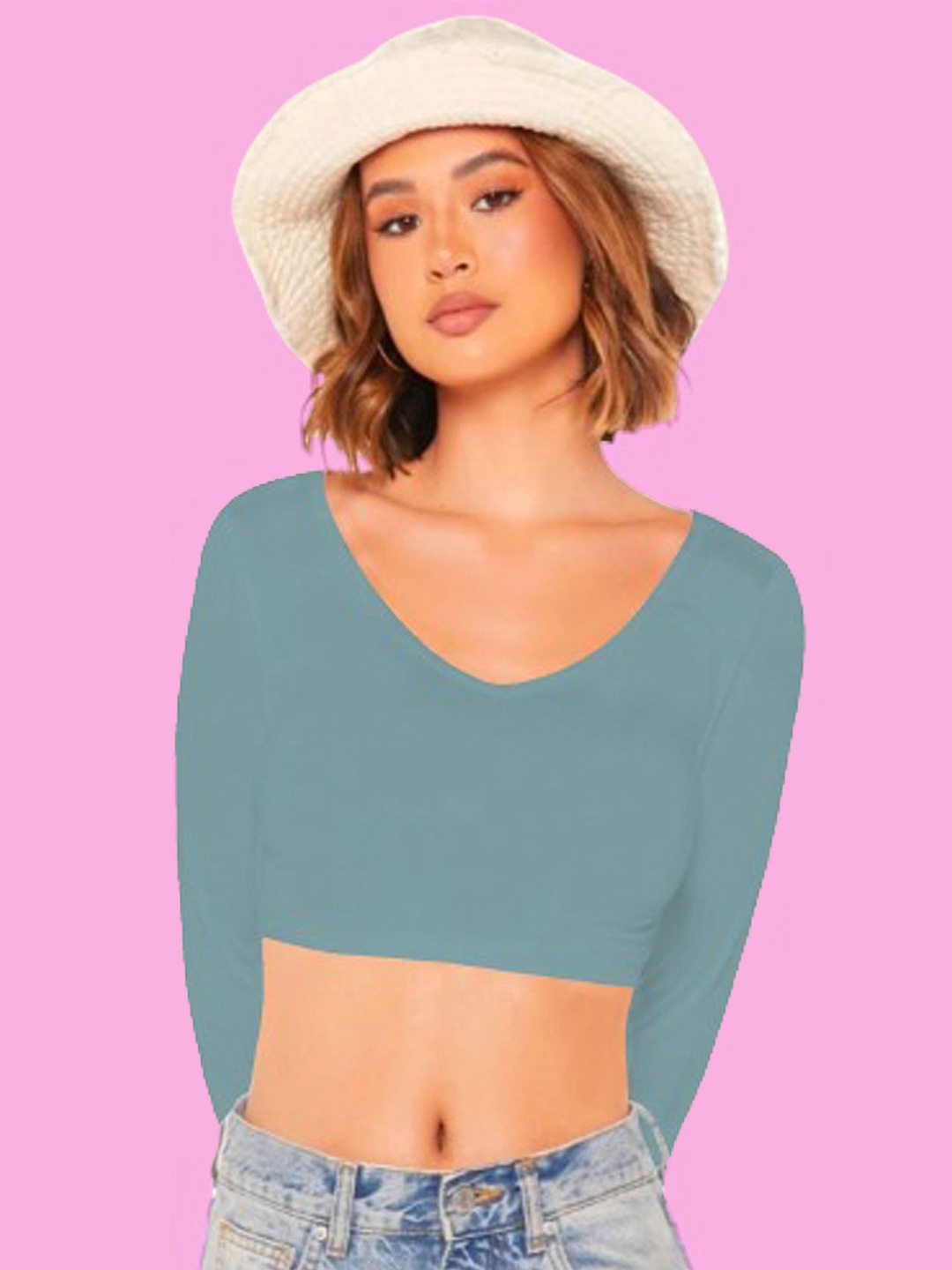 

Dream Beauty Fashion Women V-Neck Fitted Crop Top, Teal
