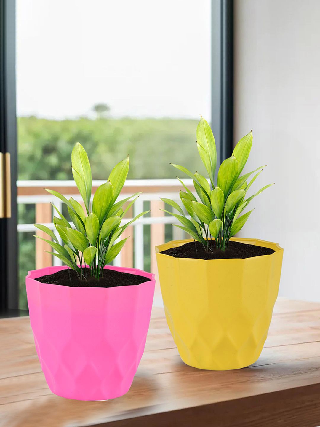 

Kuber Industries Pink & Yellow 4 Pieces Barfi Pattern Durable Planters