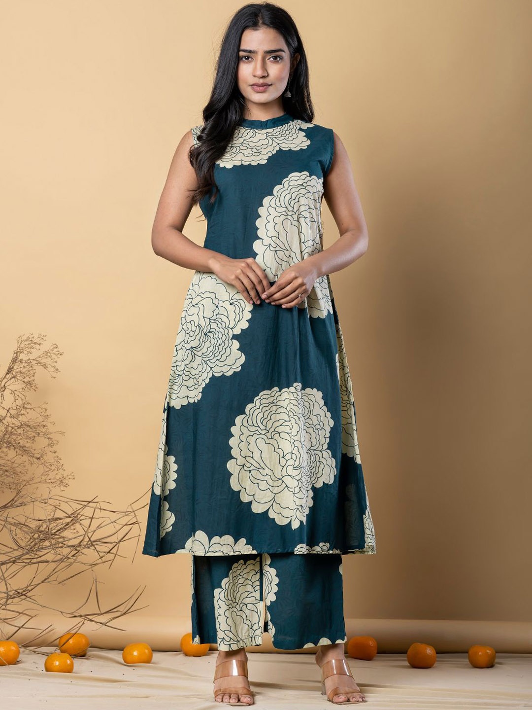 

Readiprint Floral Printed Sleeveless Cotton A-Line Kurta With Palazzos, Teal