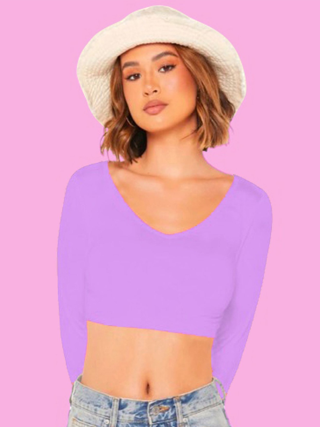 

Dream Beauty Fashion Women Solid Lavender V-Neck Crop Top