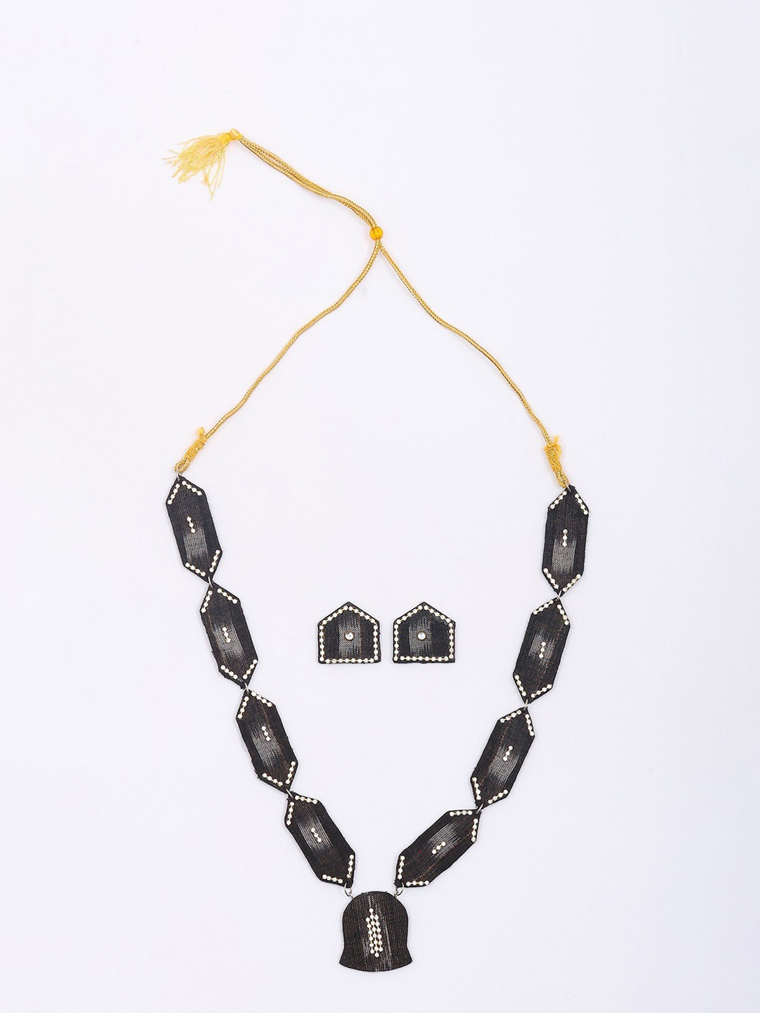 

Exotic India Black Handloom Sambalpuri Fabric Necklace Set with Earrings, Gold