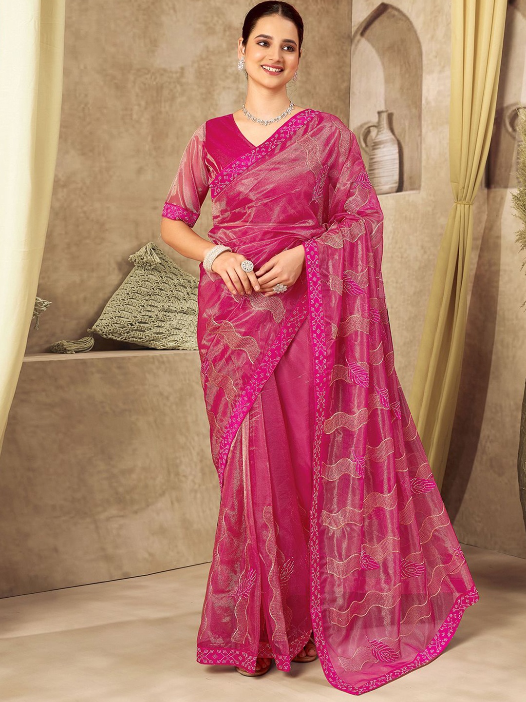 

Mitera Ethnic Motifs Embroidered Supernet Designer Saree, Pink