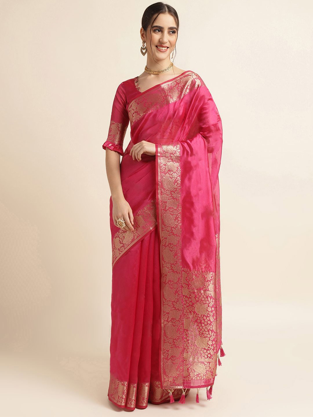 

DIVASTRI Woven Design Zari Organza Banarasi Saree, Pink