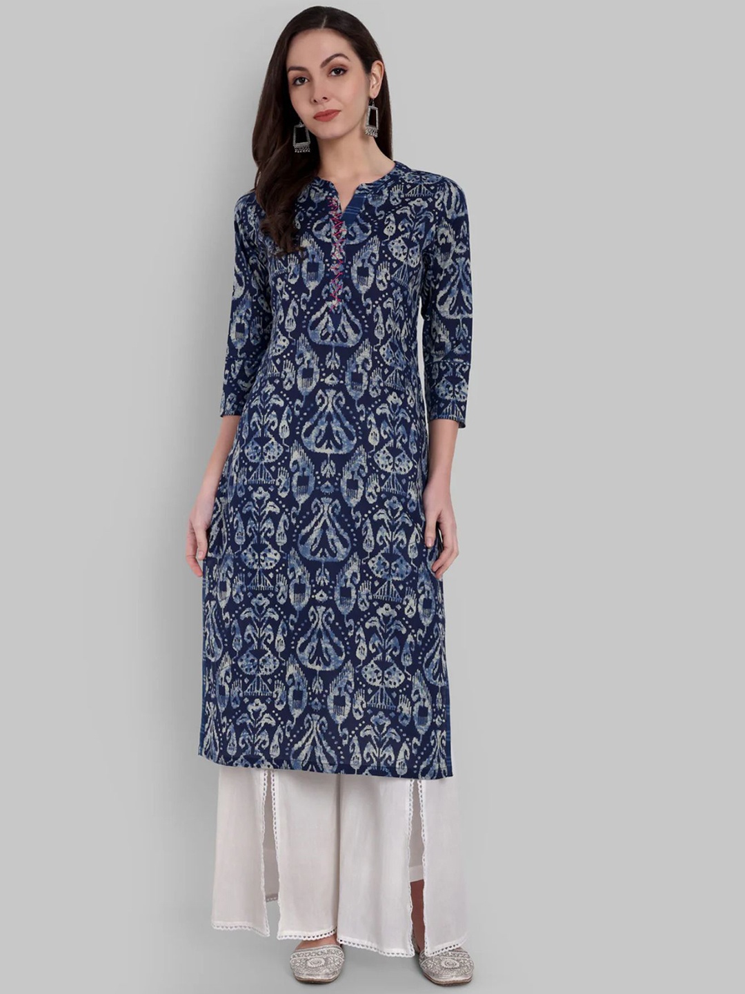 

Mera Rang Floral Printed Notch Neck Pure Cotton Straight Kurta, Blue