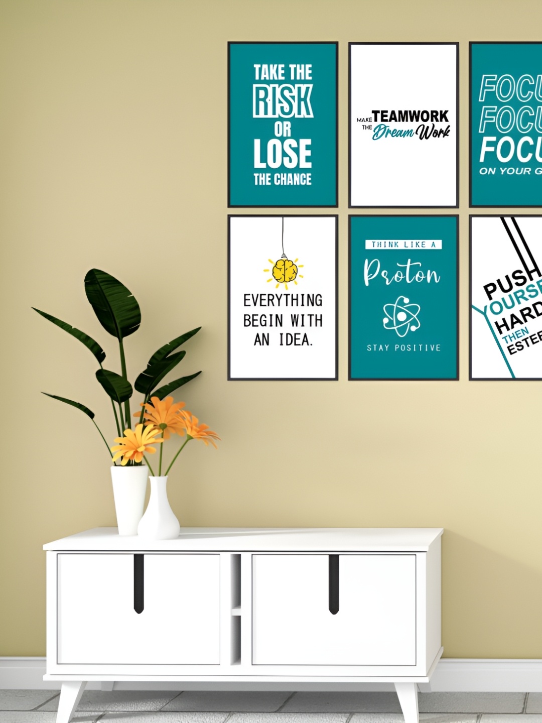 

CVANU White And Turquoise Blue 6 Pieces Printed Paper Wall Poster