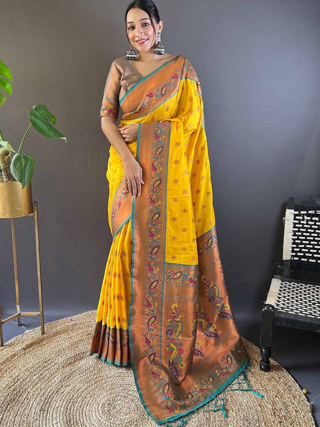 

Vintro Woven Design Zari Silk Blend Paithani Saree, Yellow