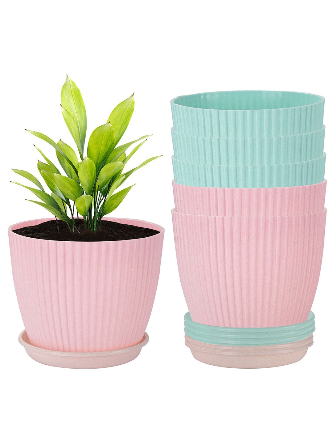 

Kuber Industries Pink & Green 6 Pieces Textured Flower Pot Planters