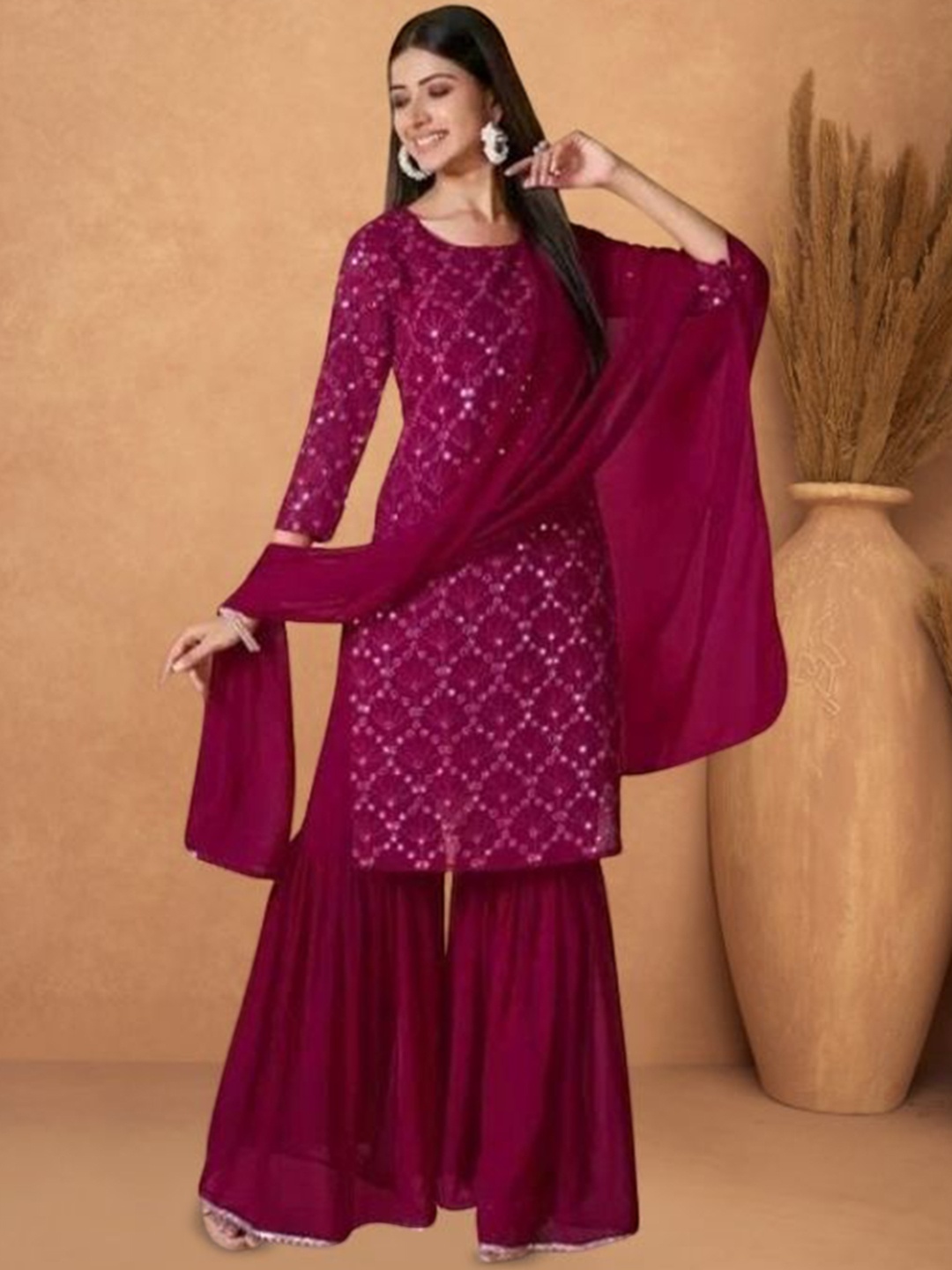 

PARROT CREATION Geometric Embroidered Georgette Straight Kurta With Sharara & Dupatta, Pink