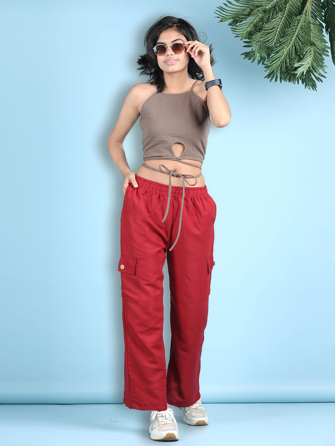

Cutiekins Girls Shoulder Straps Crop Top With Cargo Trousers, Camel brown