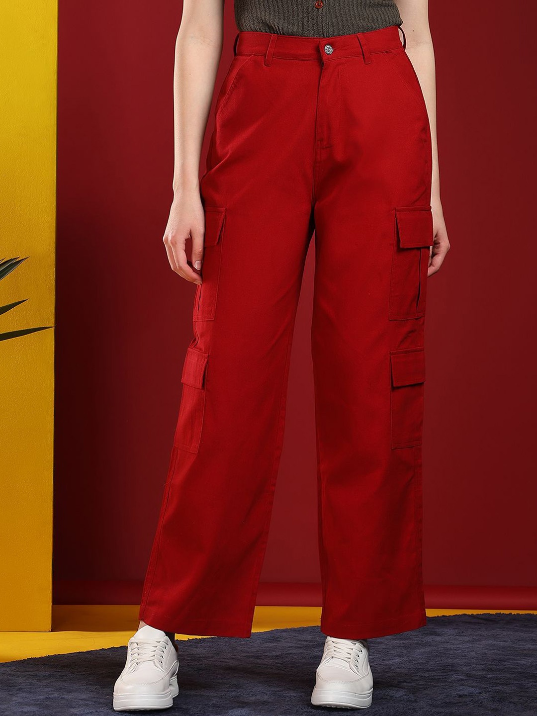 

Kotty Women Jean Straight Fit High-Rise Stretchable Cargo Jeans, Maroon