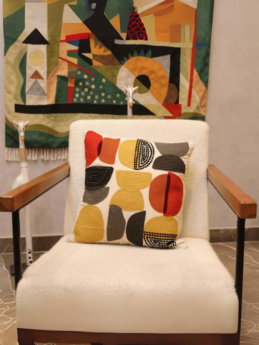 

LUSHLYF Off White & Yellow 2 Pieces Abstract Embroidered Cotton Square Cushion Covers