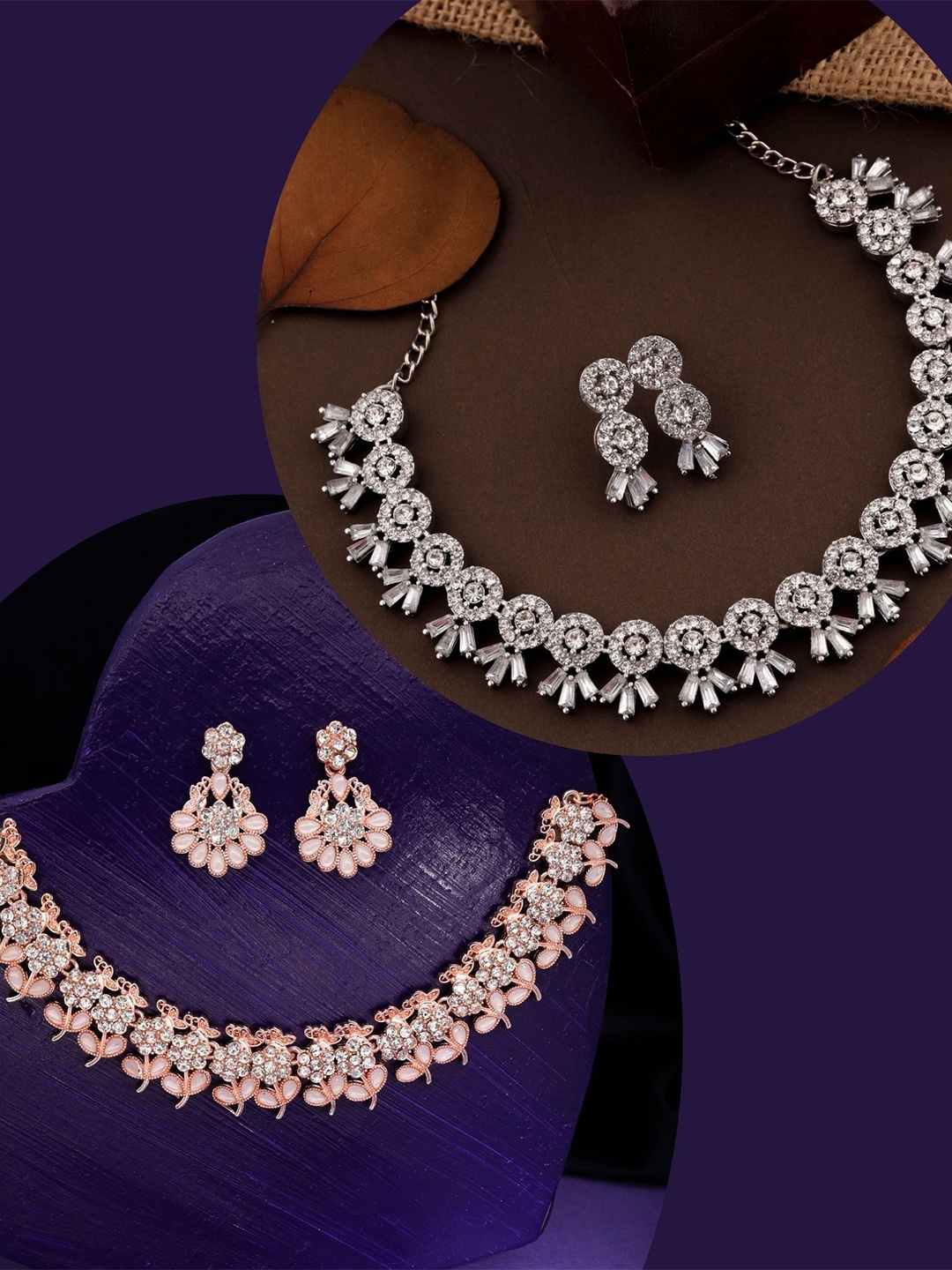 

DIVASTRI Set Of 2 Rose Gold-Plated American Diamond-Studded Jewellery Set, Silver