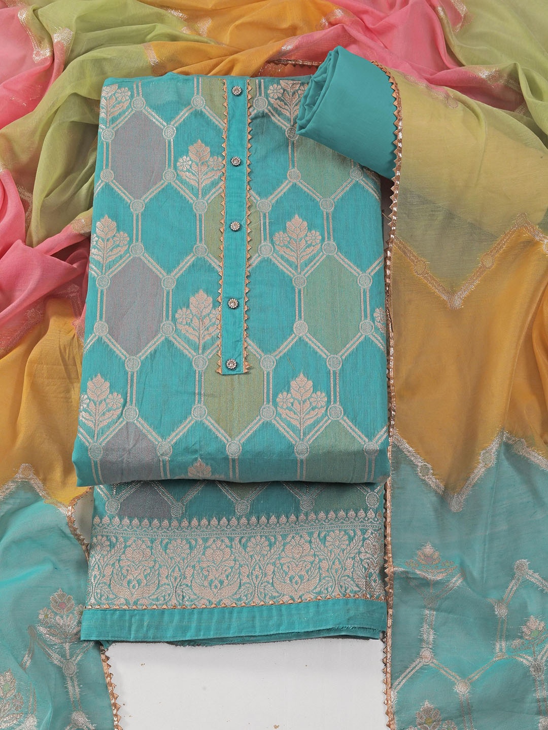 

Riti Ethnic Motifs Woven Design Art Silk Unstitched Dress Material, Blue