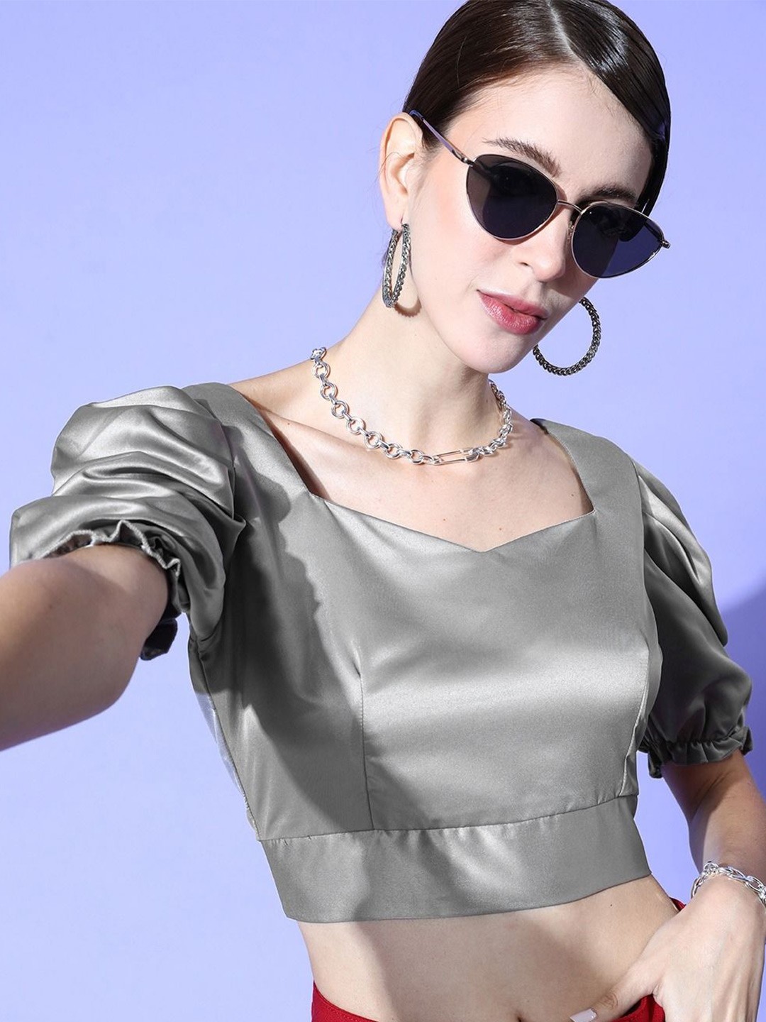 

Moda Rapido Women Sweetheart Neck Puff Sleeve Satin Crop Top, Grey