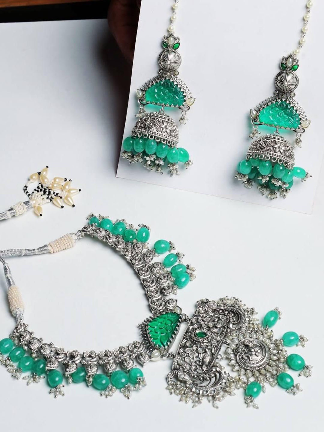 

ADC SHEMONA Silver-Plated Artificial Beads Beaded & Studded Oxidised Necklace And Earrings