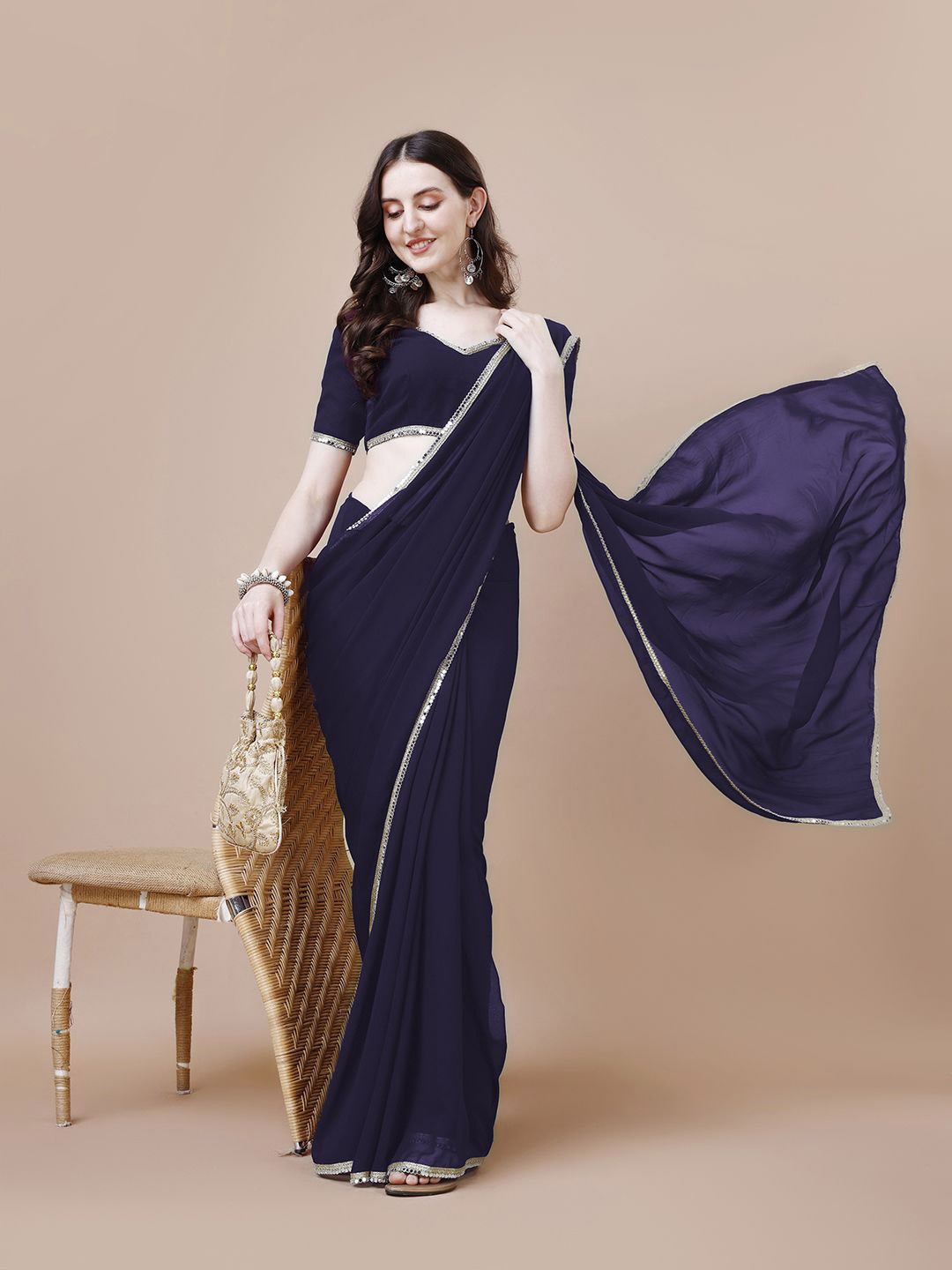 

Rensa Mirror Work Pure Georgette Saree, Navy blue