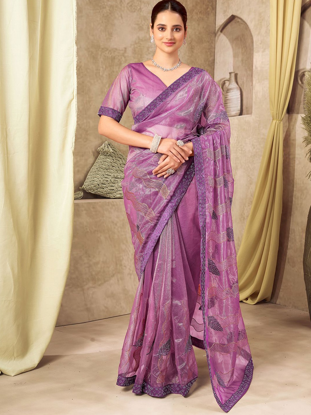 

Mitera Ethnic Motifs Embroidered Supernet Saree, Purple
