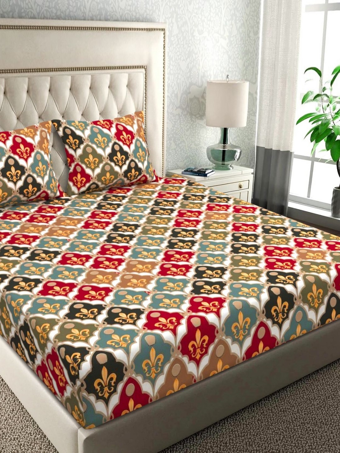 

bsb home Jaipuri White & Grey Printed Microfiber 144 TC King Bedsheet Set 2.18 m x 2.20 m