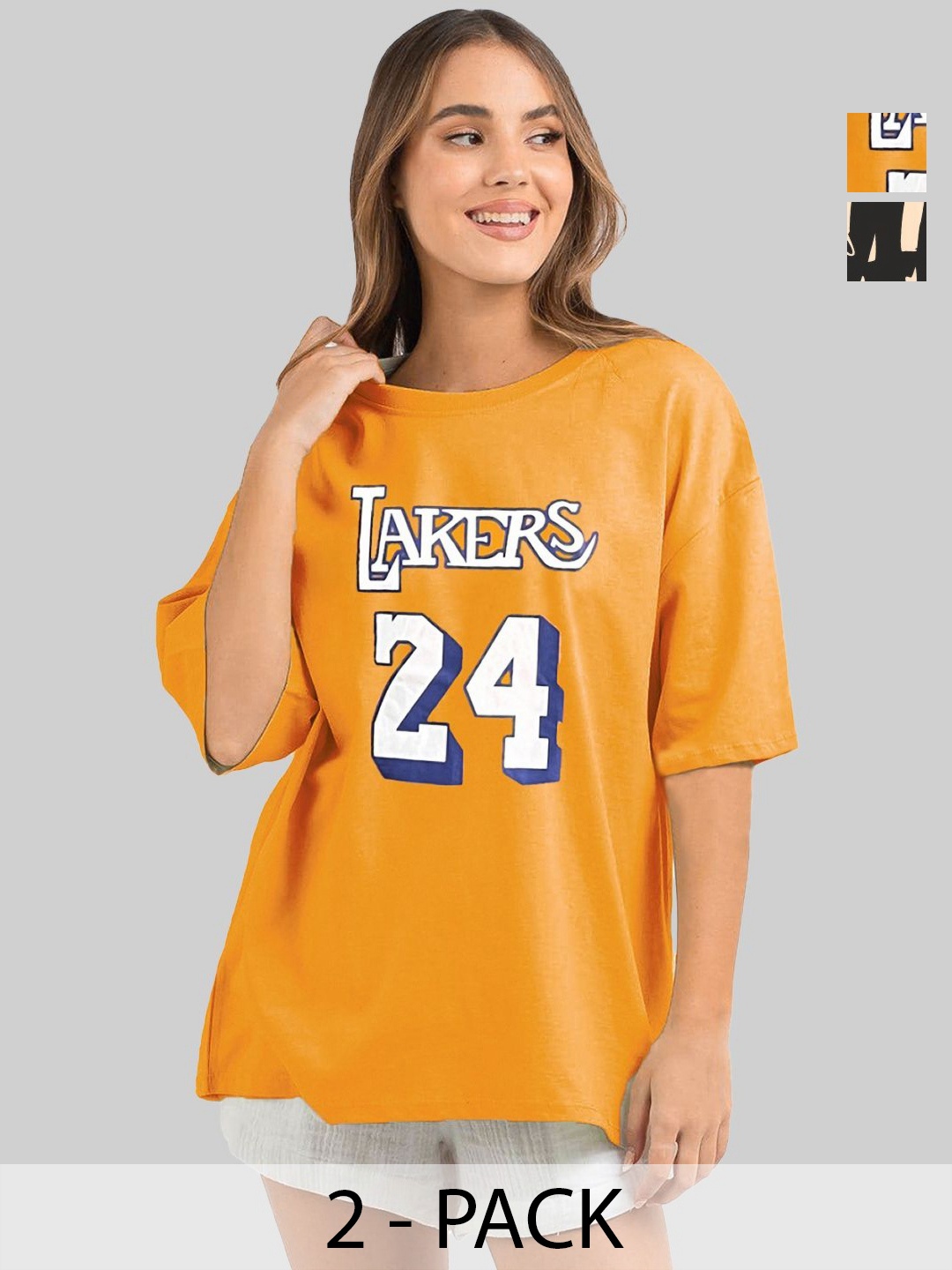 

Leotude Women Pack Of 2 Varsity Printed Round Neck Cotton Oversized T-shirts, Yellow