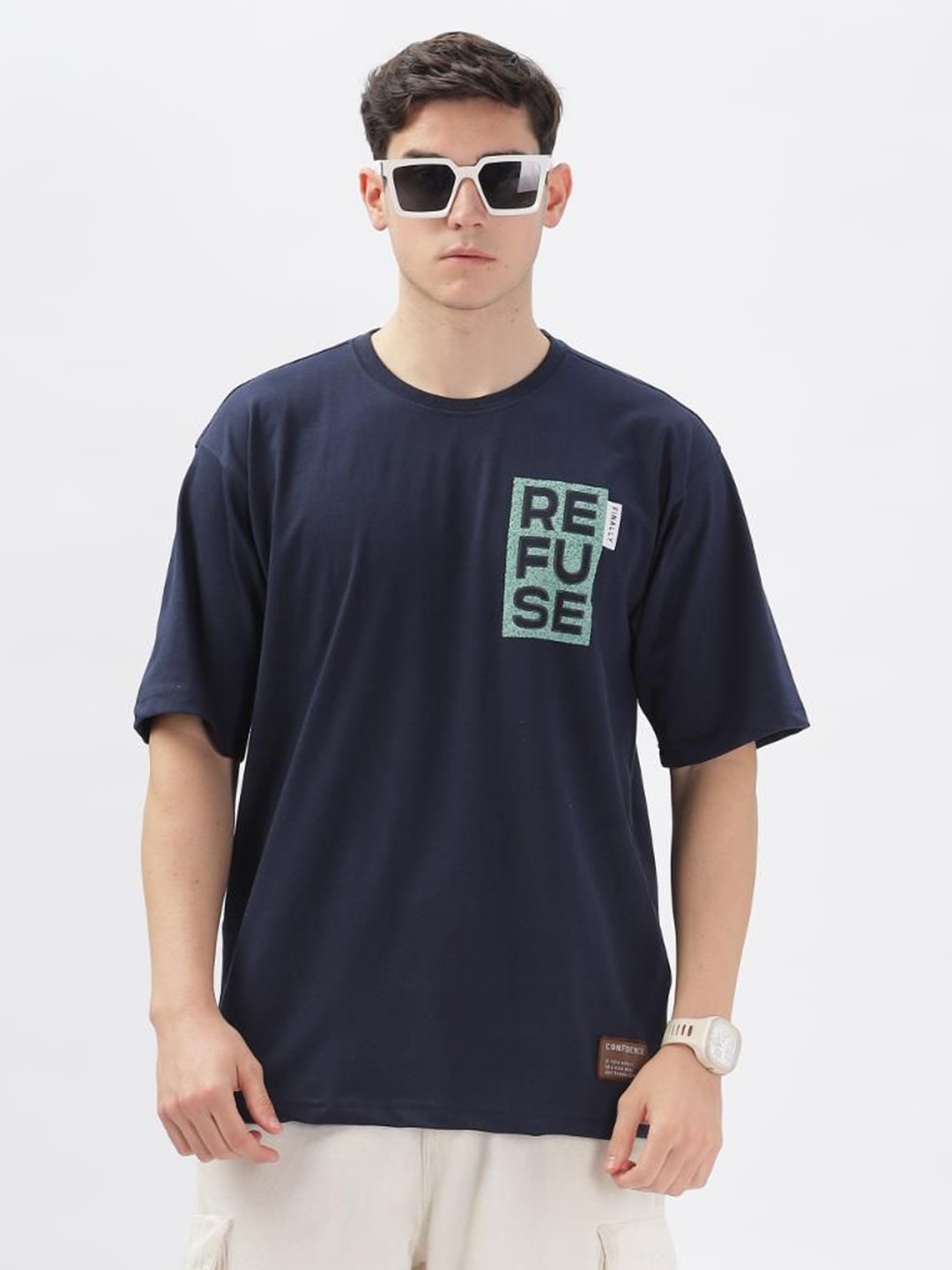 

COLOR HUNT Men Typography Printed Round Neck Cotton Oversized T-shirt, Navy blue