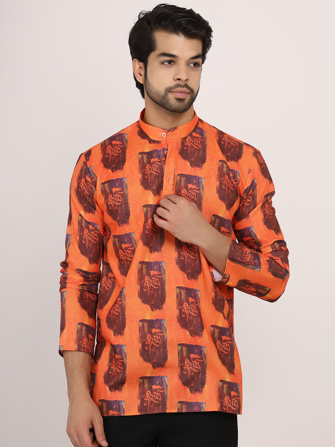 

Sadree Ethnic Motifs Ram-Nam Printed Band Collar Pure Cotton Short Kurta, Orange