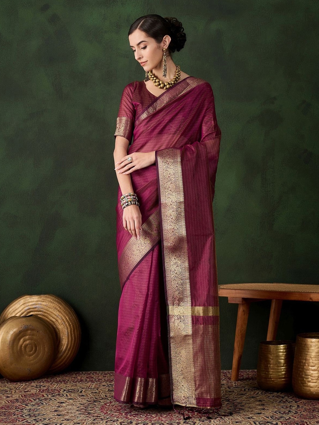 

ODETTE Striped Zari Organza Saree, Magenta