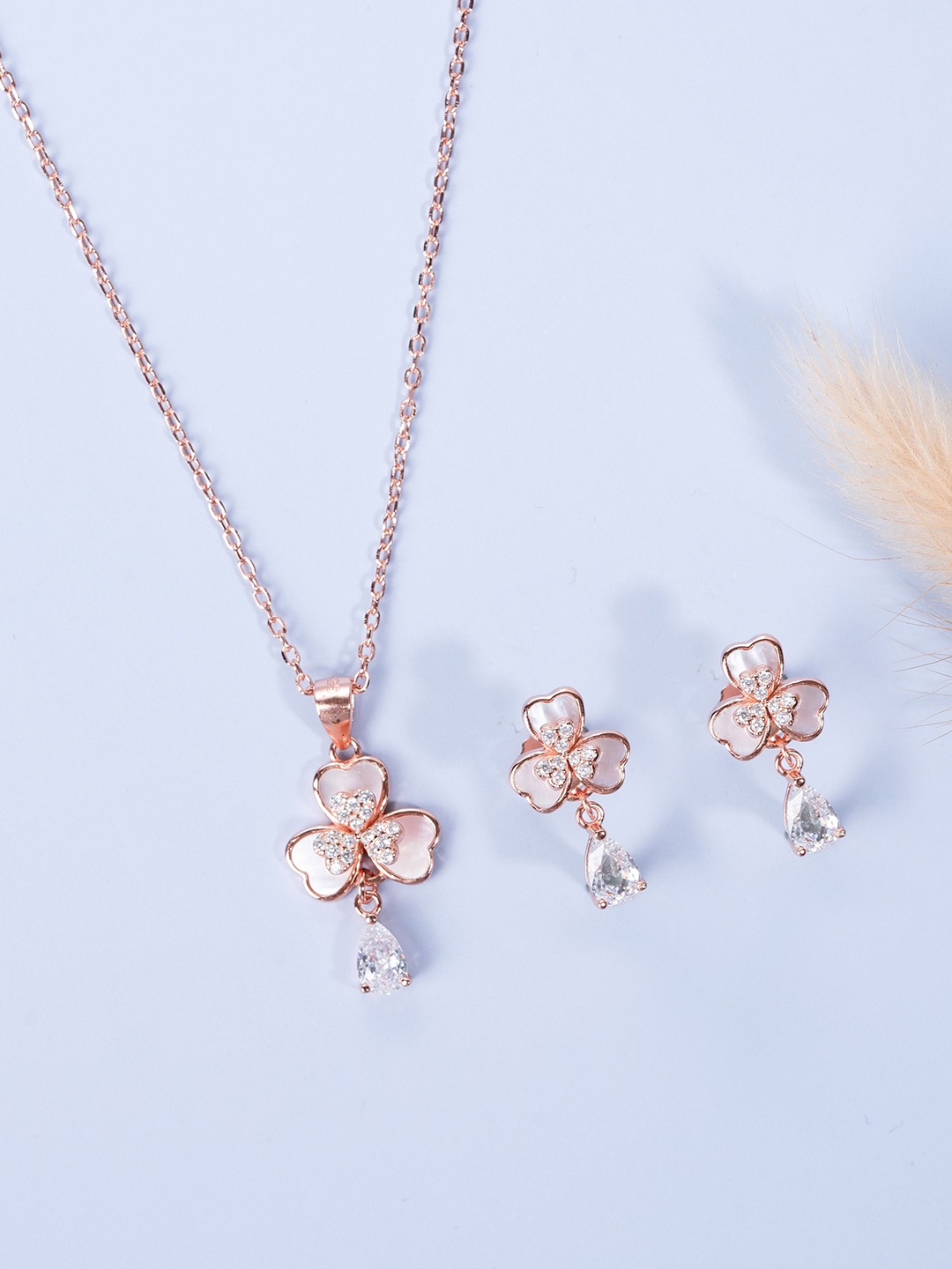 

GLYTERS 925 Sterling Silver Rose Gold Plated Artificial Stone-Studded Jewellery Set