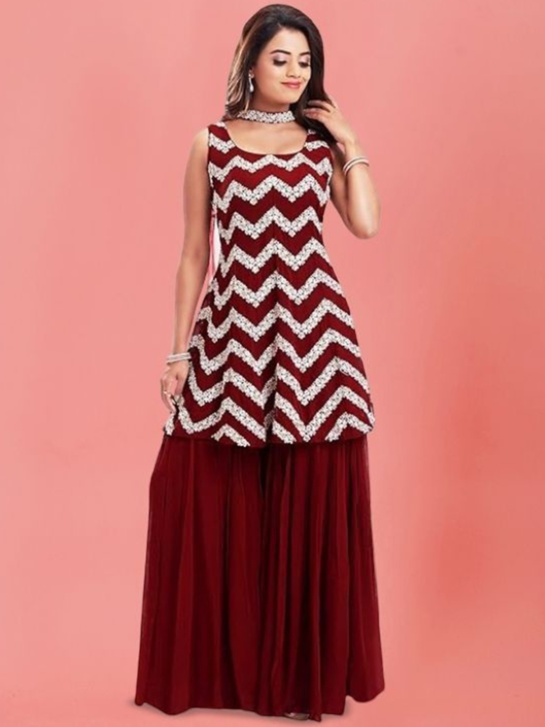 

PARROT CREATION Embroidered Straight Sequinned Kurti With Sharara And Dupatta, Maroon