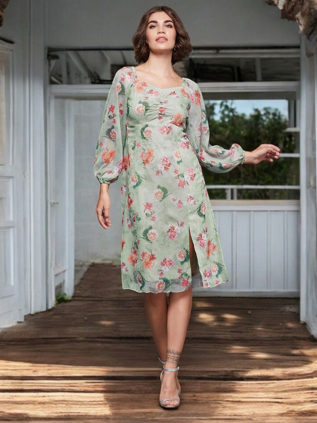 

Miss Chase Floral Print Flared Sleeve Georgette A-Line Midi Dress, Multi
