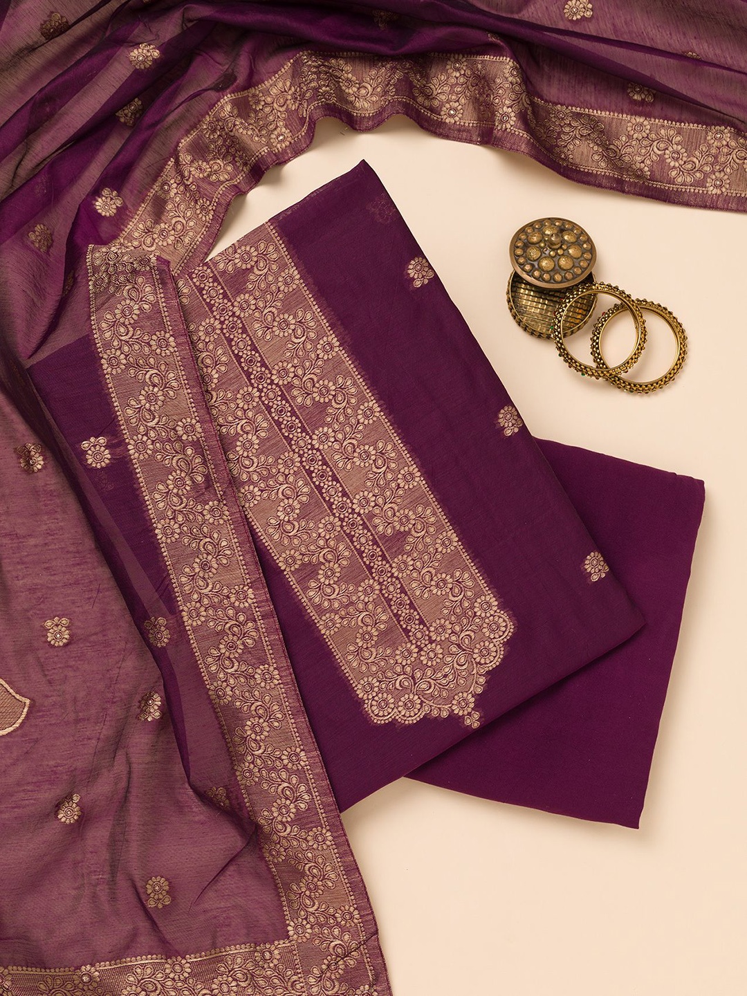 

Koskii Ethnic Motifs Embroidered Pure Silk Unstitched Dress Material, Purple