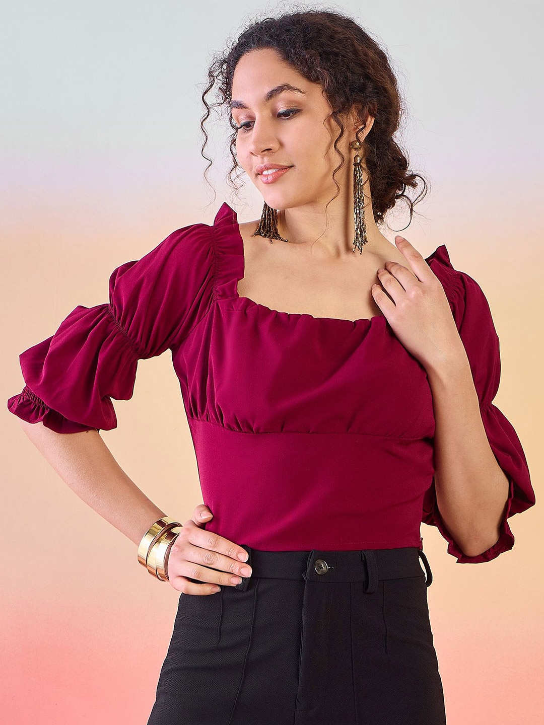 

Sangria Square Neck Puff Sleeves Crop Top, Burgundy